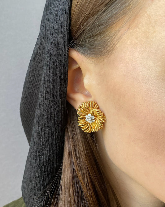 VAN CLEEF & ARPELS DIAMONDS, PLATINUM & YELLOW GOLD FLORAL EARRINGS, 1970s