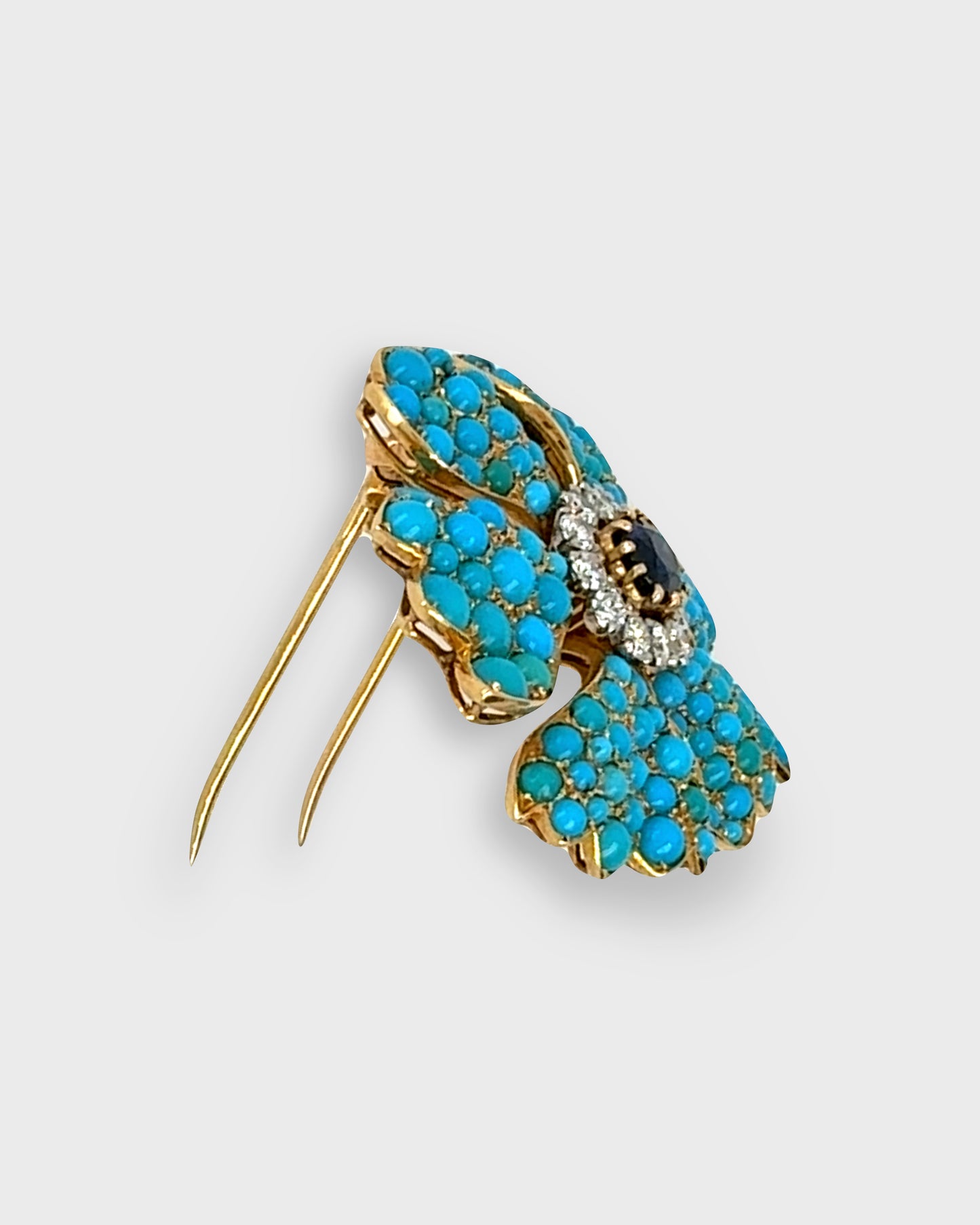 CARTIER PARIS TURQUOISE, SAPPHIRE, DIAMONDS & YELLOW GOLD FLORAL BROOCH, 1960s