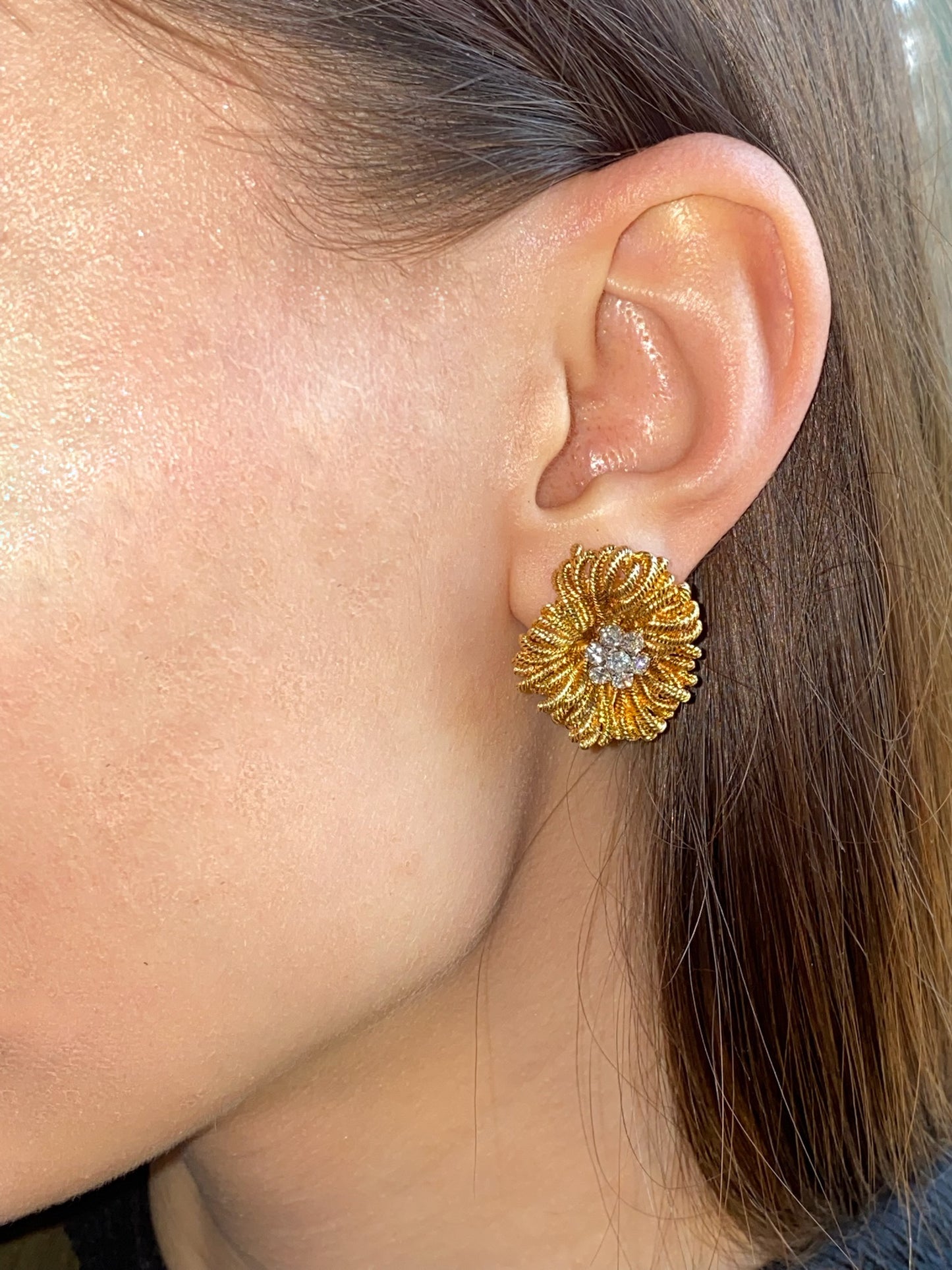 VAN CLEEF & ARPELS DIAMONDS, PLATINUM & YELLOW GOLD FLORAL EARRINGS, 1970s