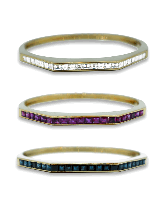 TRIO OF YELLOW GOLD BRACELETS WITH DIAMONDS, BURMA RUBIES & MONTANA SAPPHIRES, 1960s
