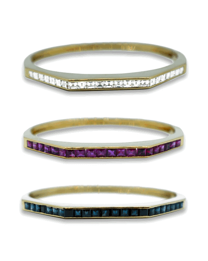 TRIO OF YELLOW GOLD BRACELETS WITH DIAMONDS, BURMA RUBIES & MONTANA SAPPHIRES, 1960s