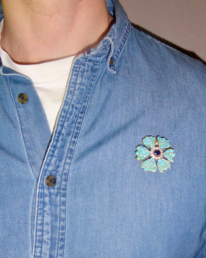 CARTIER PARIS TURQUOISE, SAPPHIRE, DIAMONDS & YELLOW GOLD FLORAL BROOCH, 1960s
