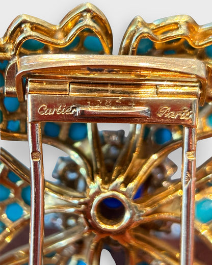 CARTIER PARIS TURQUOISE, SAPPHIRE, DIAMONDS & YELLOW GOLD FLORAL BROOCH, 1960s