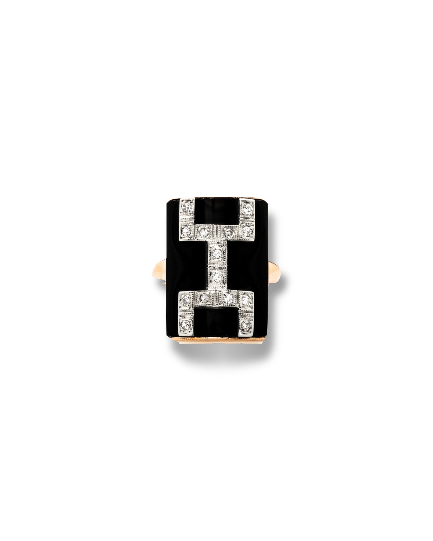 ART DÉCO DIAMOND, ONYX & ROSE GOLD RING, 1920s
