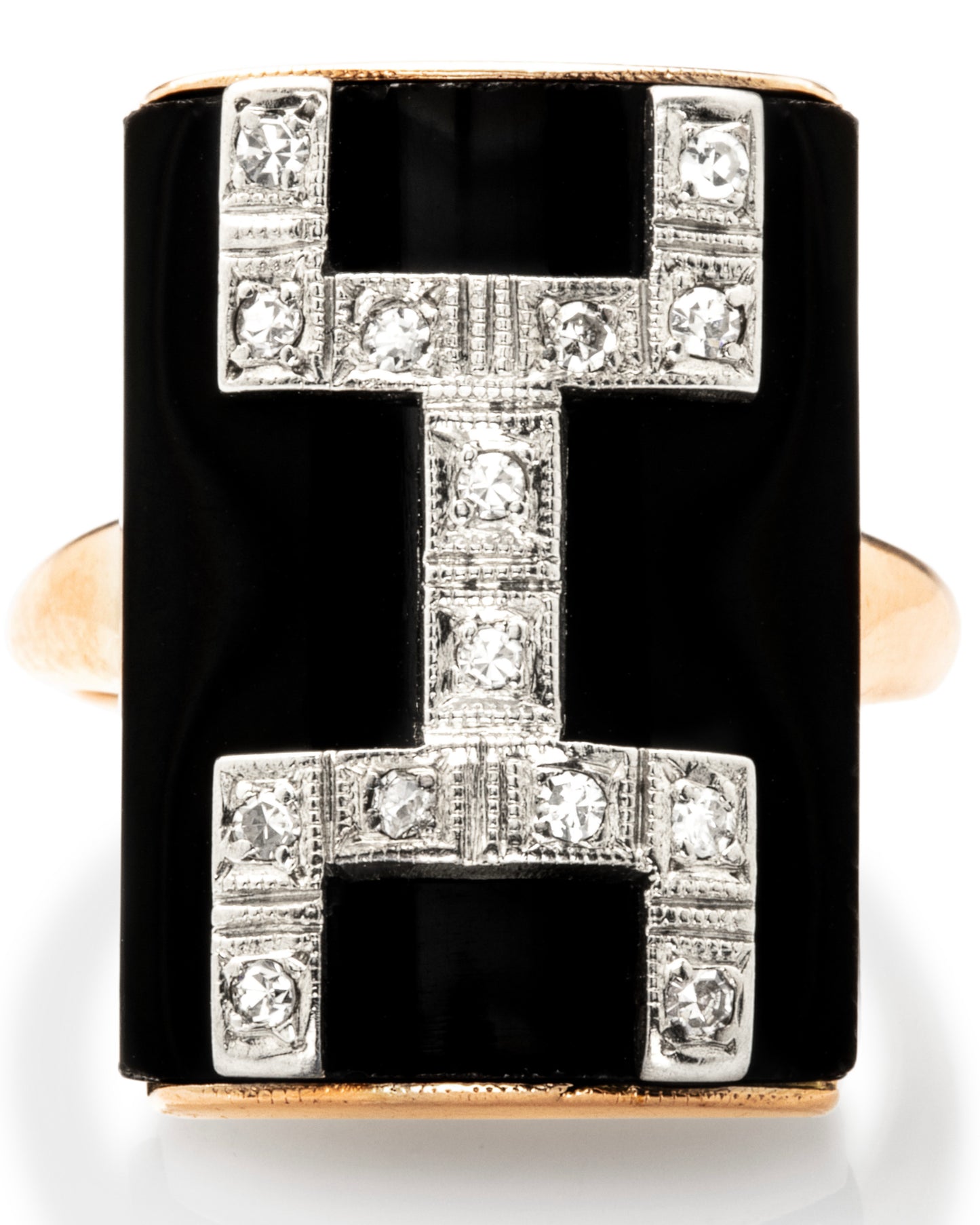 ART DÉCO DIAMOND, ONYX & ROSE GOLD RING, 1920s