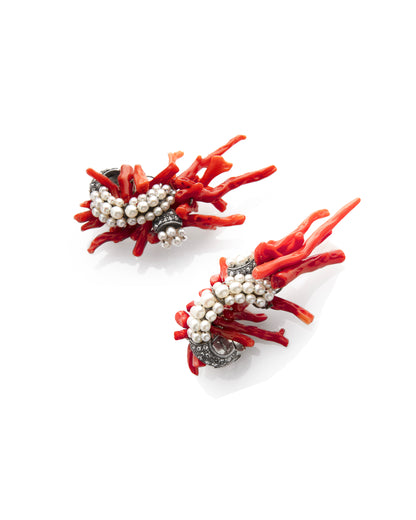 RENÉ BOIVIN DIAMOND, CORAL, PEARL & GOLD EARCLIPS, 1965