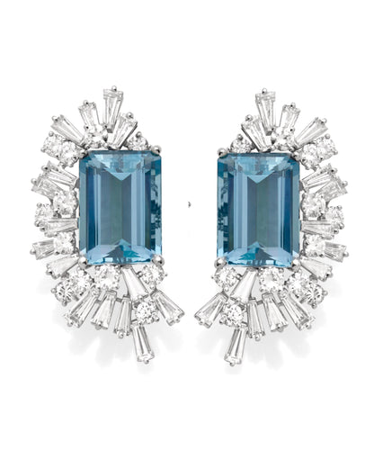 SANTA MARIA AQUAMARINE, DIAMOND & PLATINUM EARCLIPS, 1950s