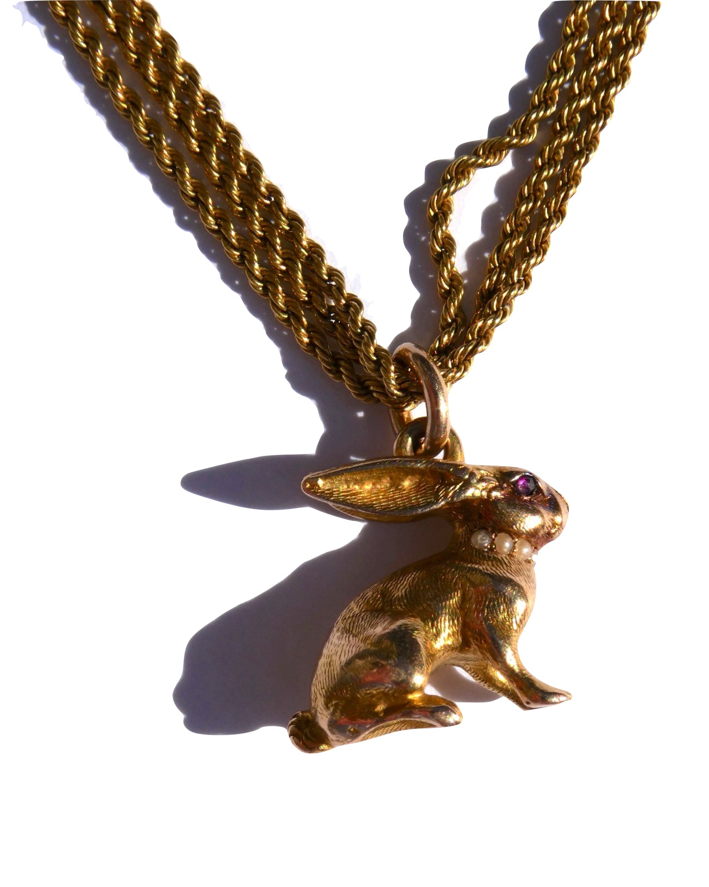 GOLD, PEARL & AMETHYST RABBIT PENDANT NECKLACE, 1880s