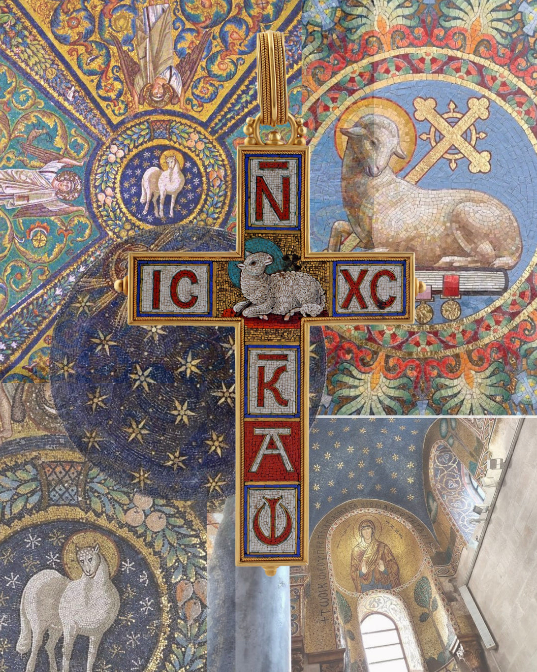 CIVILOTTI MICROMOSAIC & YELLOW GOLD CROSS PENDANT, 1890s