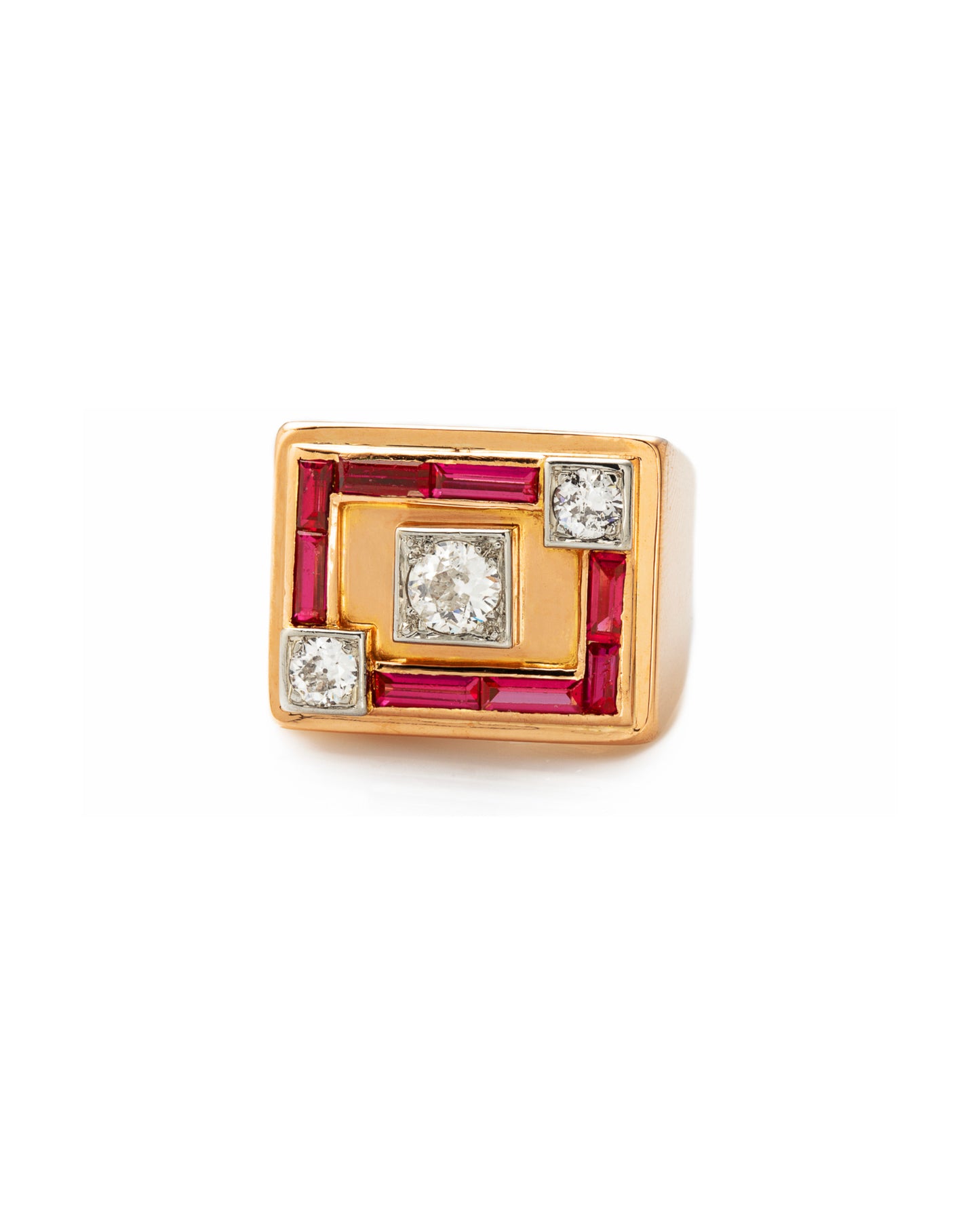 RUBY, DIAMOND & ROSE GOLD TANK RING, 1940s