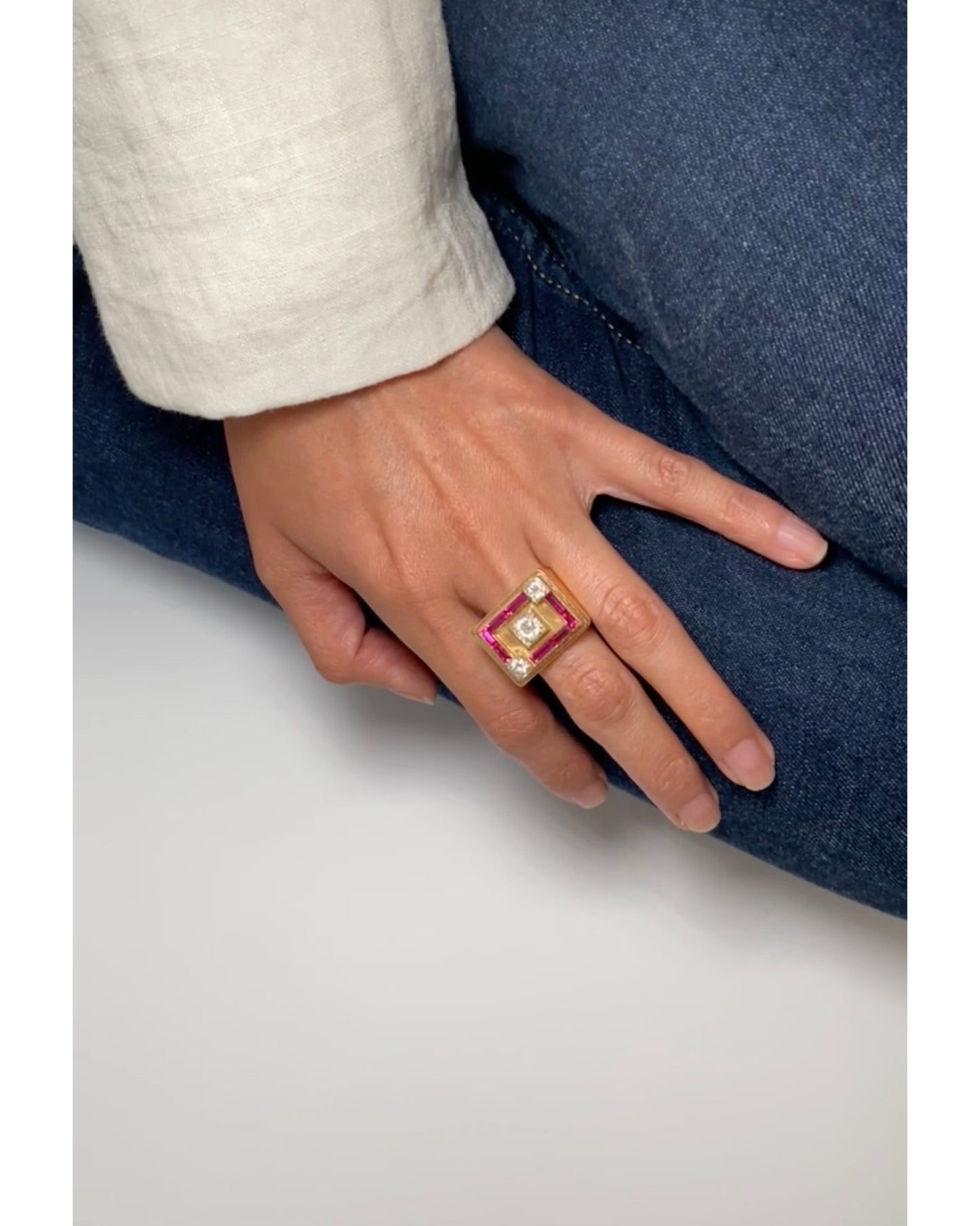 RUBY, DIAMOND & ROSE GOLD TANK RING, 1940s