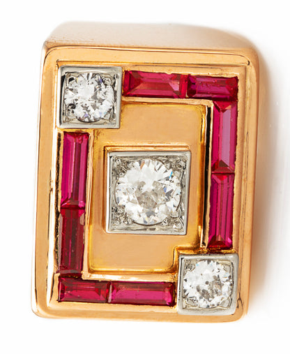 RUBY, DIAMOND & ROSE GOLD TANK RING, 1940s
