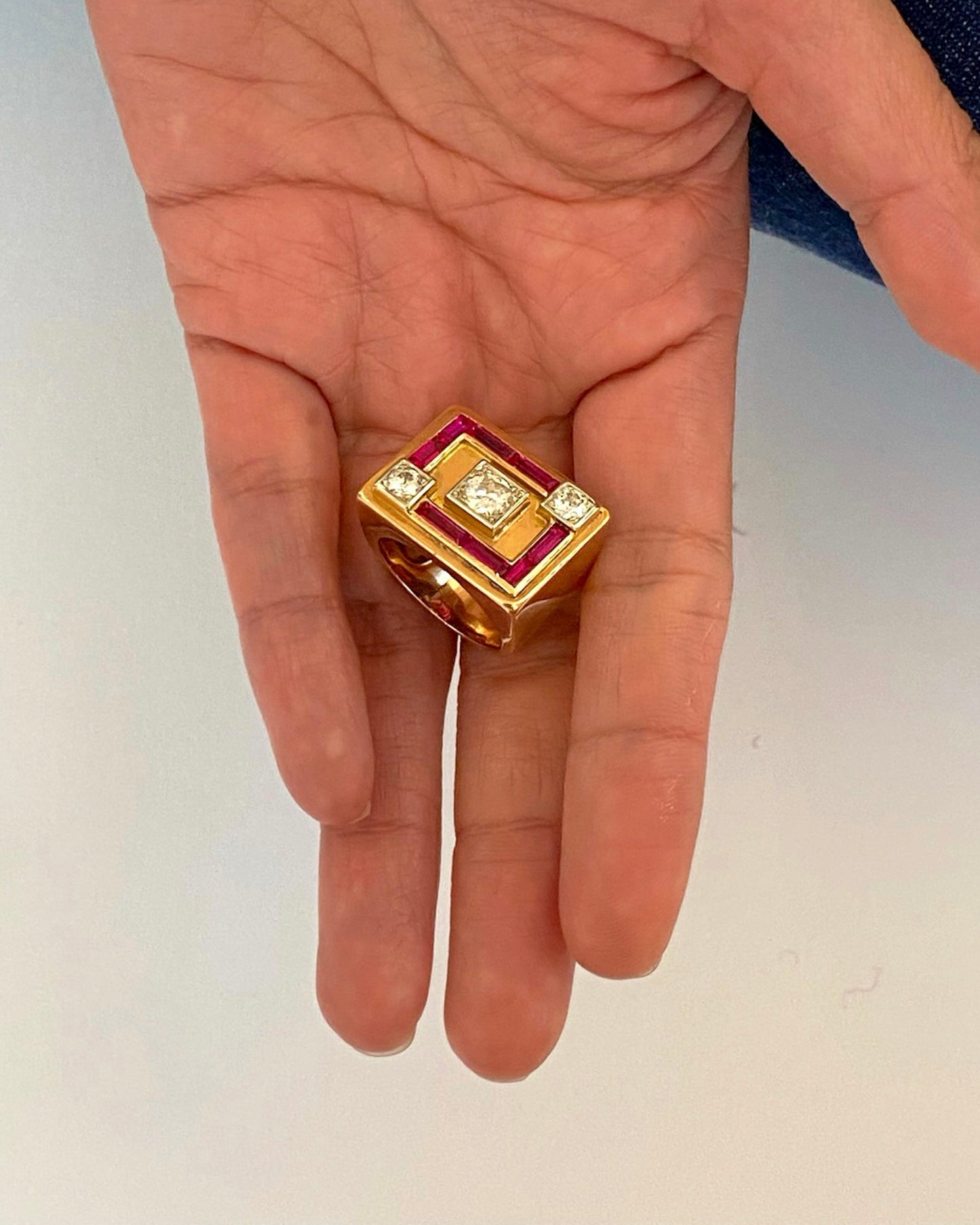 RUBY, DIAMOND & ROSE GOLD TANK RING, 1940s