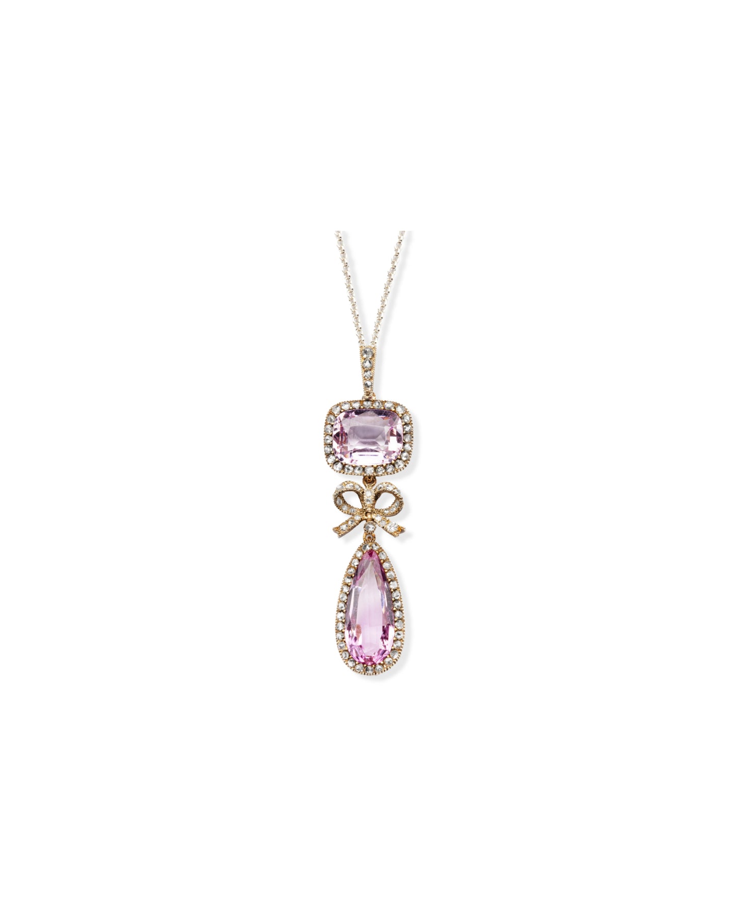 BELLE ÉPOQUE PINK TOPAZ, DIAMONDS, PLATINUM & YELLOW GOLD PENDANT NECKLACE, 1900s