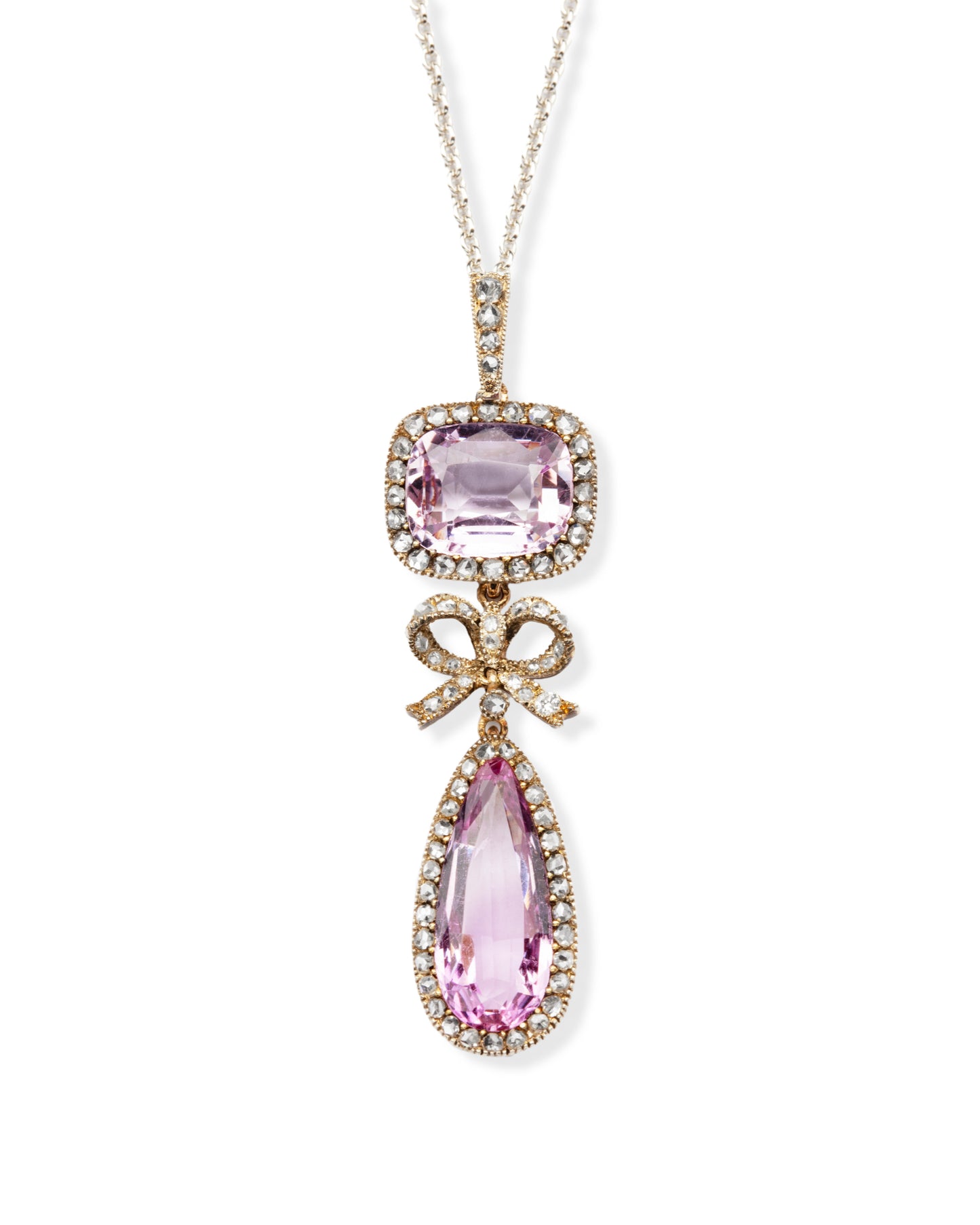 BELLE ÉPOQUE PINK TOPAZ, DIAMONDS, PLATINUM & YELLOW GOLD PENDANT NECKLACE, 1900s