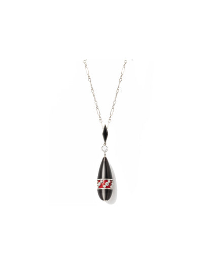 ART DÉCO DIAMOND, ENAMEL, ONYX, PLATINUM & GOLD PENDANT NECKLACE, 1920s