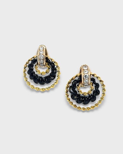FRED PARIS YELLOW GOLD, DIAMOND & ONYX HOOP EARRINGS, 1980s