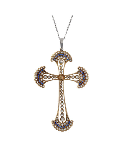 EDWARDIAN SAPPHIRE, DIAMOND, PEARL & WHITE GOLD CROSS NECKLACE, 1910s
