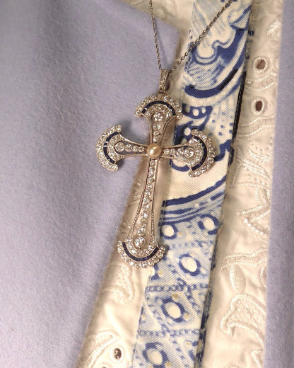 EDWARDIAN SAPPHIRE, DIAMOND, PEARL & WHITE GOLD CROSS NECKLACE, 1910s