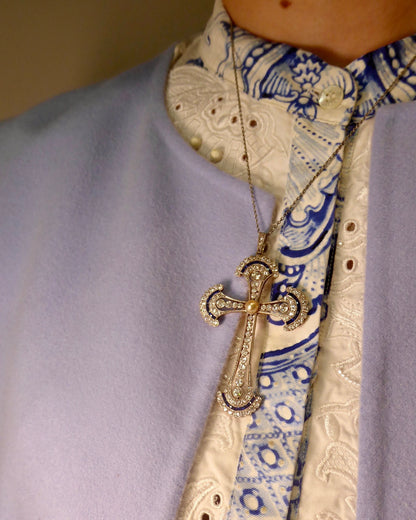 EDWARDIAN SAPPHIRE, DIAMOND, PEARL & WHITE GOLD CROSS NECKLACE, 1910s