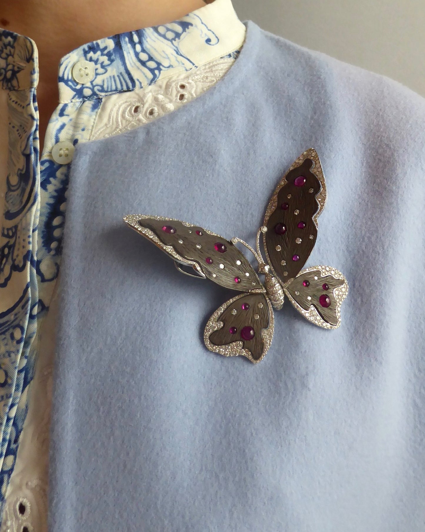 MICHELE DELLA VALLE RUBIES, DIAMONDS, SILVER & WHITE GOLD BUTTERFLY BROOCH