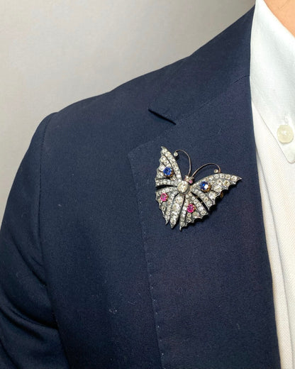 RUBIES, SAPPHIRES, DIAMONDS, SILVER & GOLD BUTTERFLY BROOCH, 1890s