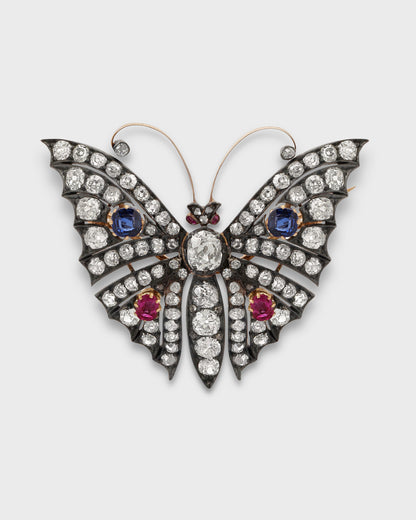 RUBIES, SAPPHIRES, DIAMONDS, SILVER & GOLD BUTTERFLY BROOCH, 1890s