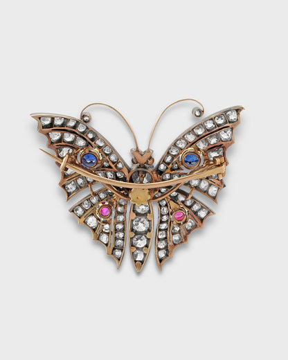 RUBIES, SAPPHIRES, DIAMONDS, SILVER & GOLD BUTTERFLY BROOCH, 1890s