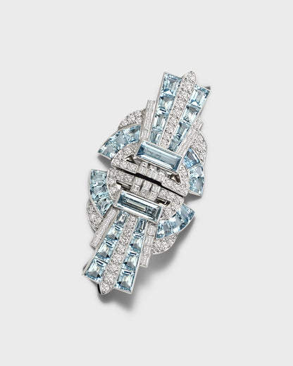 ART DÉCO AQUAMARINES, DIAMONDS & WHITE GOLD DOUBLE BROOCH, 1920
