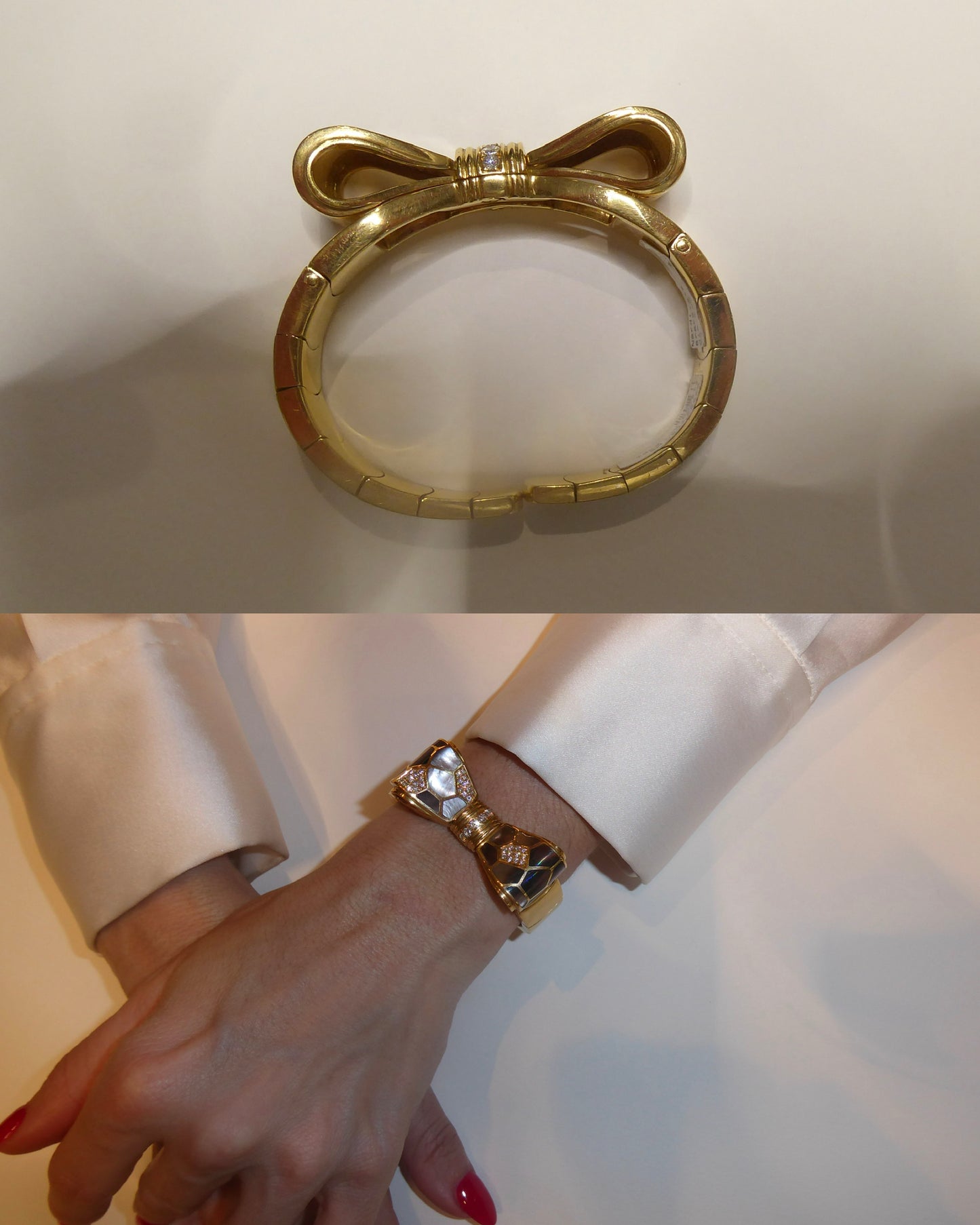 NARDI GOLD, DIAMONDS & MOTHER OF PEARL BOW CUFF, 1990s