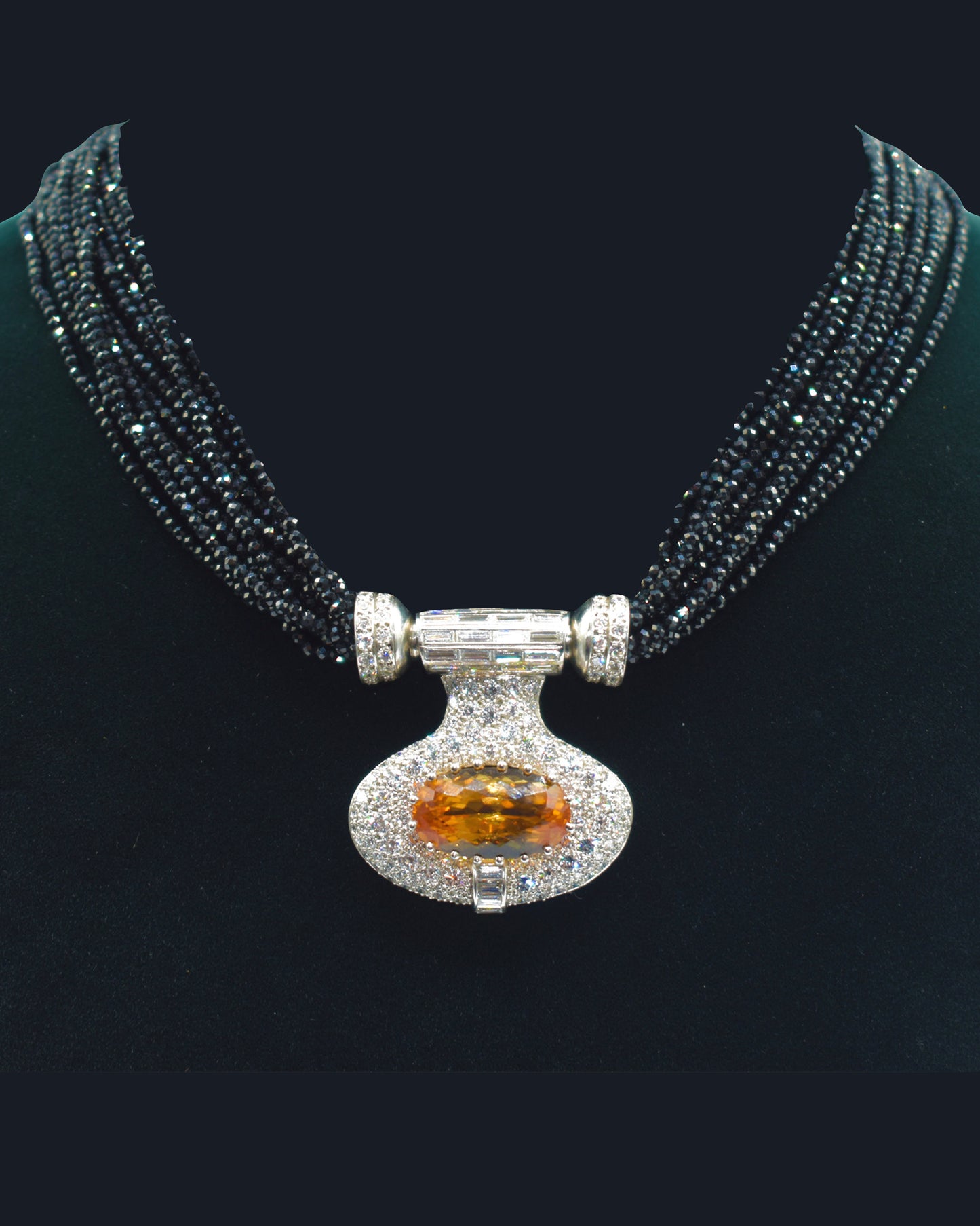 ART DÉCO TOPAZ, DIAMOND & ONYX BEAD STRAND CONVERTIBLE PENDANT NECKLACE