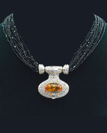 ART DÉCO TOPAZ, DIAMOND & ONYX BEAD STRAND CONVERTIBLE PENDANT NECKLACE