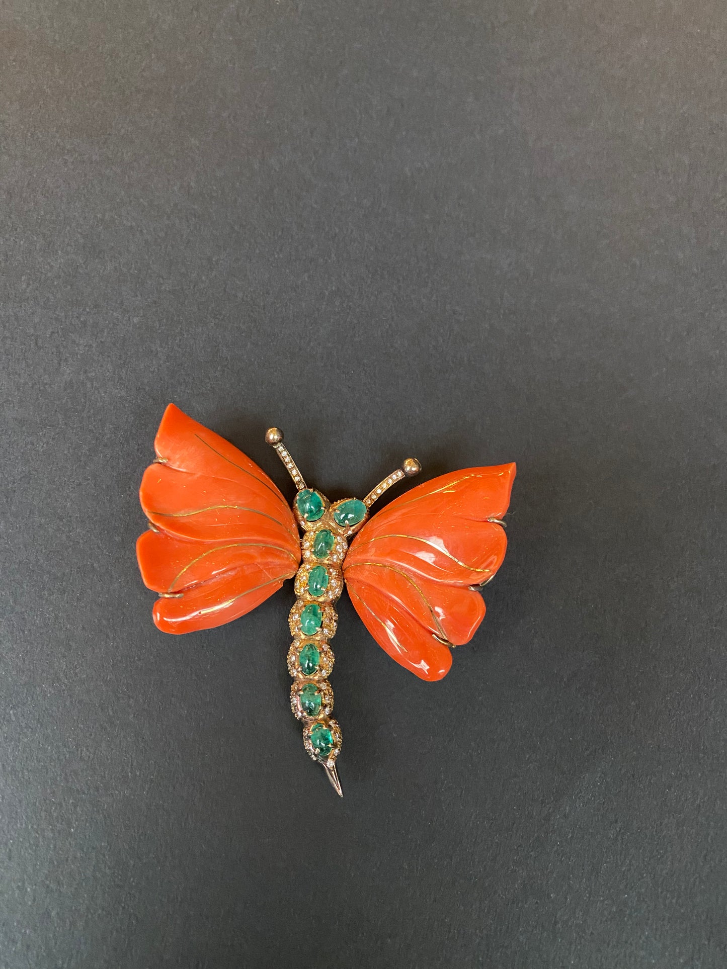 CORAL, EMERALD & DIAMOND BUTTERFLY BROOCH, 1960s