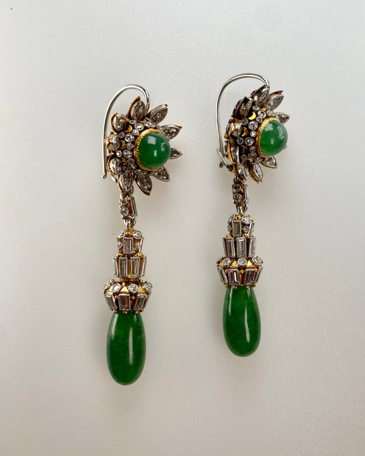 EMERALD, DIAMOND & GOLD DROP EARRINGS, 1950s