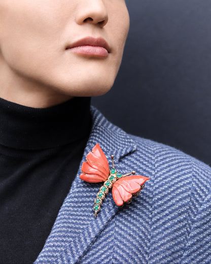 CORAL, EMERALD & DIAMOND BUTTERFLY BROOCH, 1960s