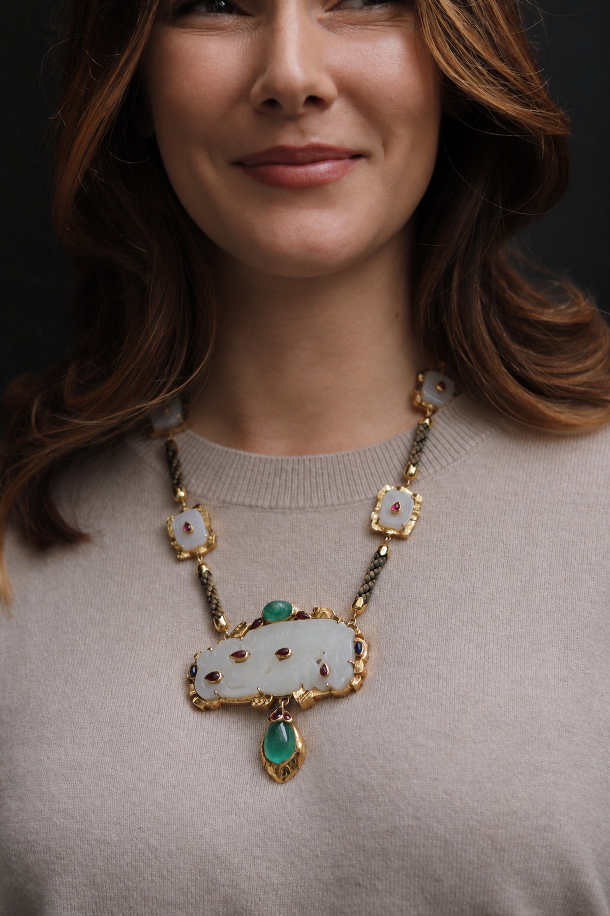 DAVID WEBB EMERALD, RUBY, JADE & GOLD CONVERTIBLE PENDANT & NECKLACE, est. 1970s