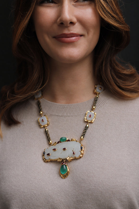 DAVID WEBB EMERALD, RUBY, JADE & GOLD CONVERTIBLE PENDANT & NECKLACE, est. 1970s