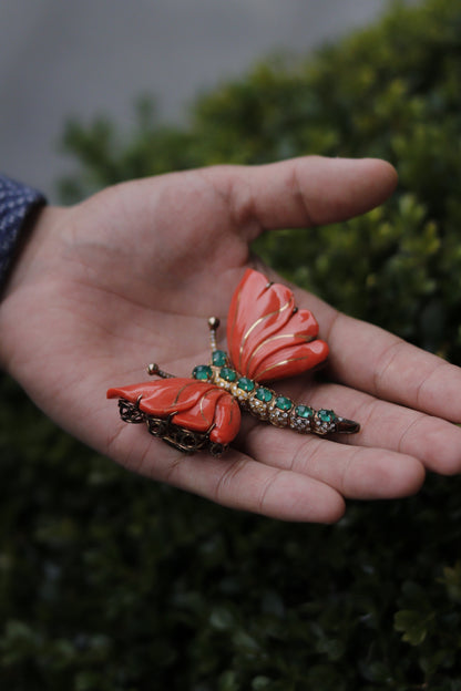 CORAL, EMERALD & DIAMOND BUTTERFLY BROOCH, 1960s