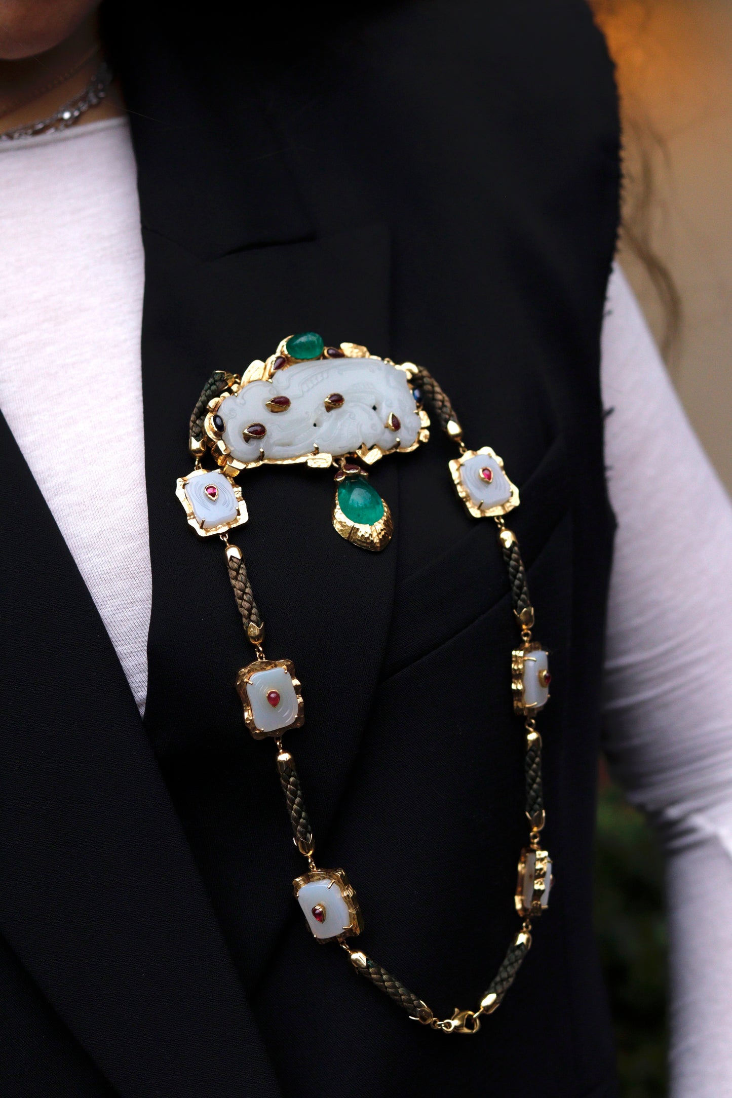 DAVID WEBB EMERALD, RUBY, JADE & GOLD CONVERTIBLE PENDANT & NECKLACE, est. 1970s