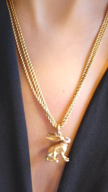 GOLD, PEARL & AMETHYST RABBIT PENDANT NECKLACE, 1880s
