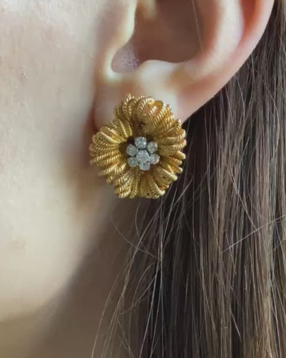 VAN CLEEF & ARPELS DIAMONDS, PLATINUM & YELLOW GOLD FLORAL EARRINGS, 1970s