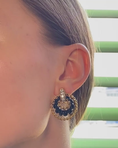 FRED PARIS YELLOW GOLD, DIAMOND & ONYX HOOP EARRINGS, 1980s