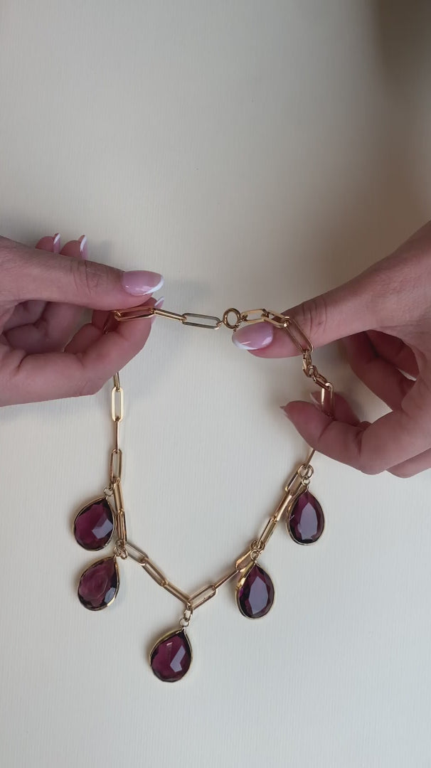 RASPBERRY QUARTZ & GOLD CHARM NECKLACE, 1990s