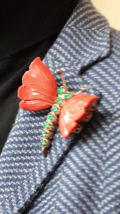 CORAL, EMERALD & DIAMOND BUTTERFLY BROOCH, 1960s