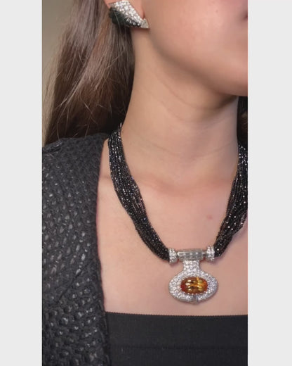 ART DÉCO TOPAZ, DIAMOND & ONYX BEAD STRAND CONVERTIBLE PENDANT NECKLACE