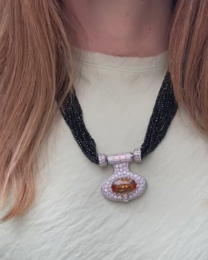ART DÉCO TOPAZ, DIAMOND & ONYX BEAD STRAND CONVERTIBLE PENDANT NECKLACE