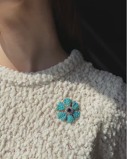 CARTIER PARIS TURQUOISE, SAPPHIRE, DIAMONDS & YELLOW GOLD FLORAL BROOCH, 1960s