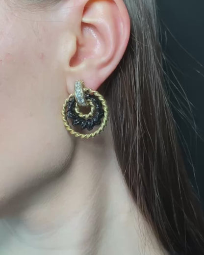 FRED PARIS YELLOW GOLD, DIAMOND & ONYX HOOP EARRINGS, 1980s