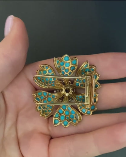 CARTIER PARIS TURQUOISE, SAPPHIRE, DIAMONDS & YELLOW GOLD FLORAL BROOCH, 1960s