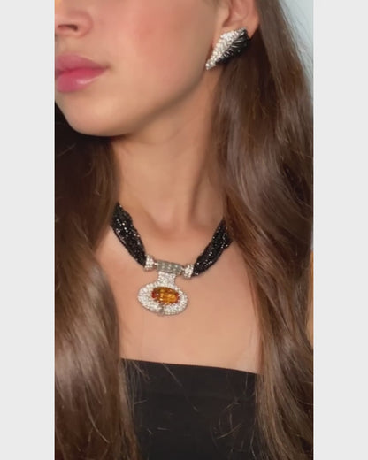 ART DÉCO TOPAZ, DIAMOND & ONYX BEAD STRAND CONVERTIBLE PENDANT NECKLACE